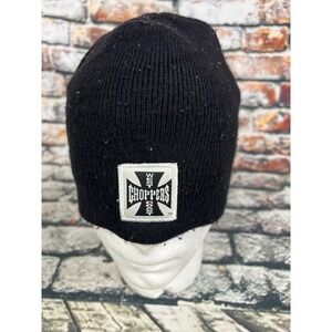 Vtg West Coast Choppers Beanie Black Knit Skull Cap Iron Cross‎ Logo Made in USA